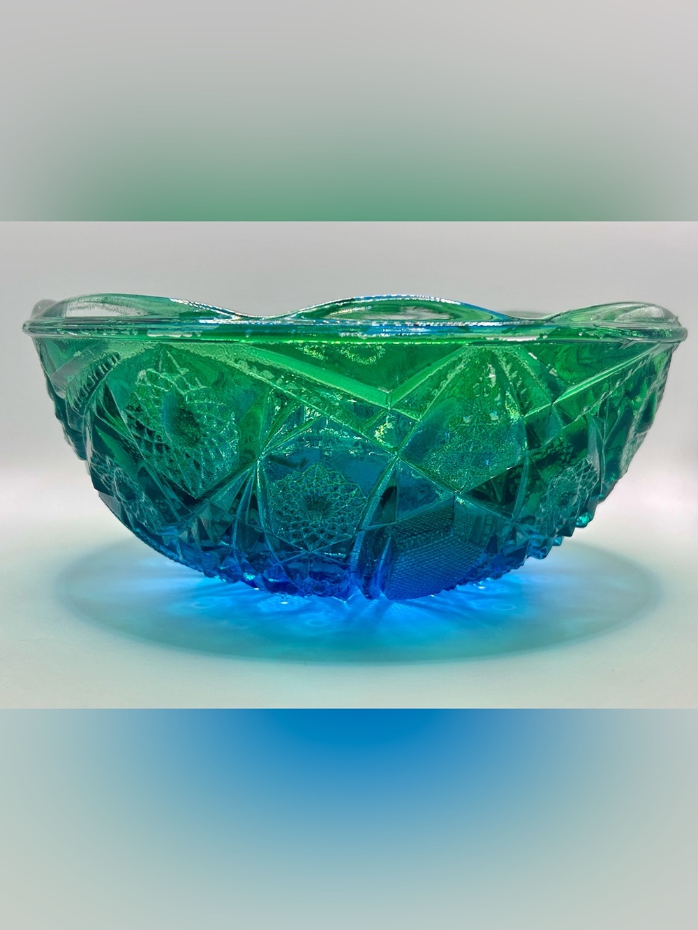 Vintage Jeannette Fentec Glass Bowl | Blue Green Ombré Pressed Glass (7")